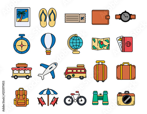 Set of Travel and Tourist Illustration Icons in Doodle Style, Collection of Travel and Tourist Elements