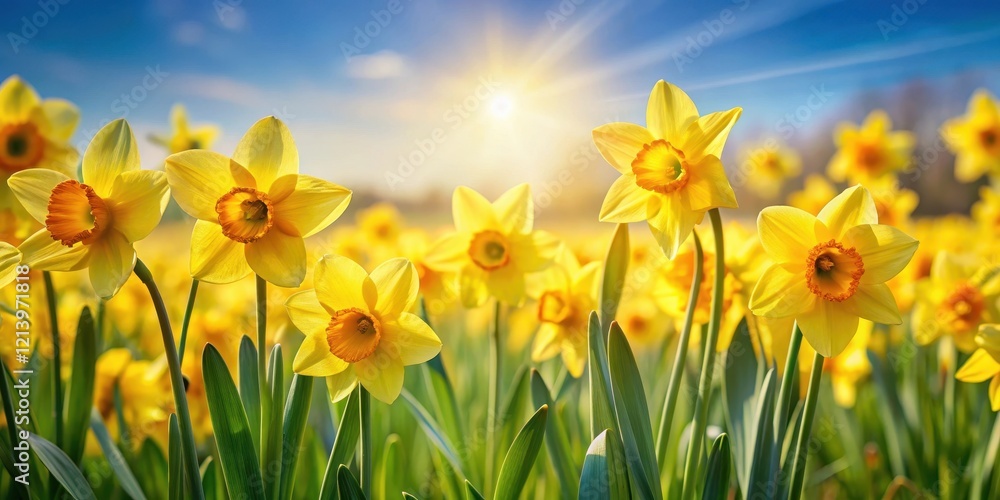 Fototapeta premium A field of bright yellow daffodil flowers swaying gently in the breeze on a sunny spring day, field, spring