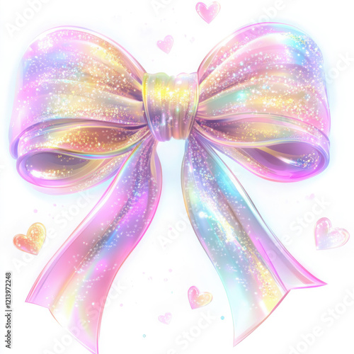 Elegant coquette-style holographic pastel bow with sparkling glitter details, perfect for Valentine’s Day designs.
