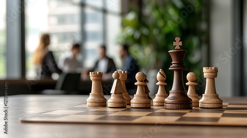 Business strategy meeting; chess pieces; office background