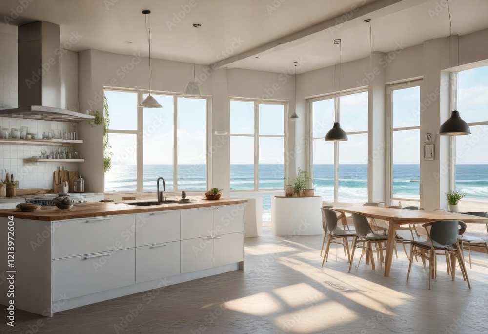 Coastal Kitchen with Large Windows and Natural Light, coastal kitchen, white cabinets, gray countertops Coastal Kitchen with Large Windows and Natural Light, coastal kitchen, white cabinets, gray countertops