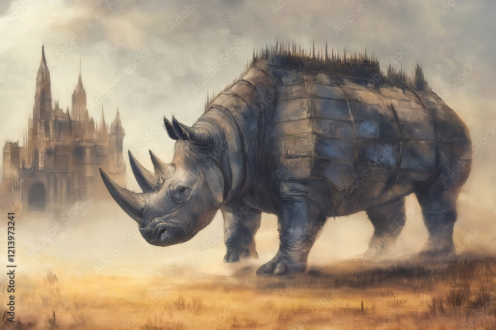 Fototapeta premium Fantasy artwork depicting a large armored rhino standing in a dry field with a gothic fortress in the background, creating a mysterious and intriguing scene
