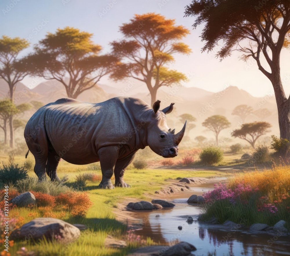 Fototapeta premium Colorful painting of a rhino in a serene and peaceful landscape, colorful painting, natural scenery, peaceful landscape
