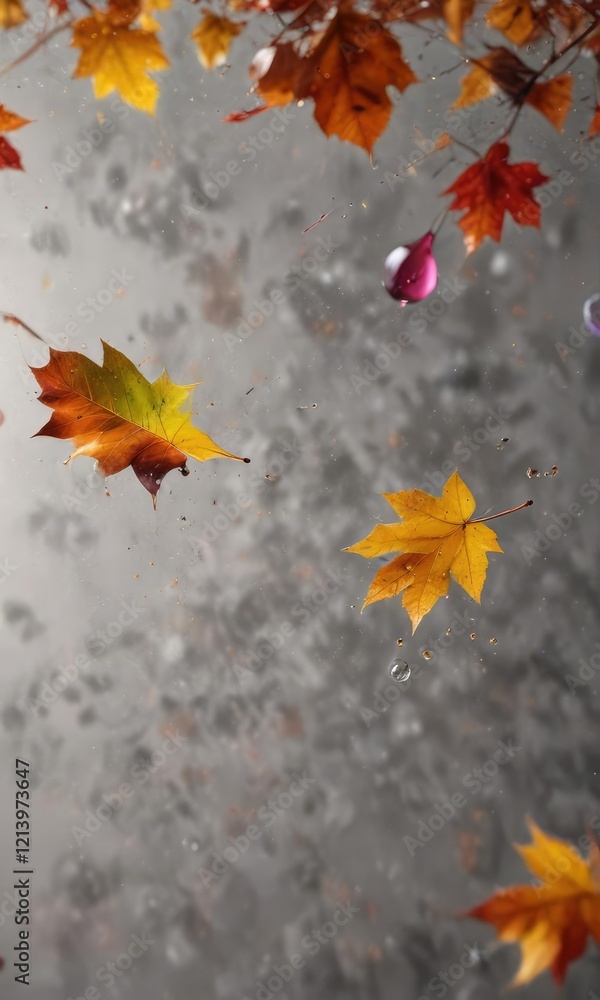 Fototapeta premium Colorful water droplets falling on a grayish-brown background with scattered leaves , fluid dynamics, colorful elements