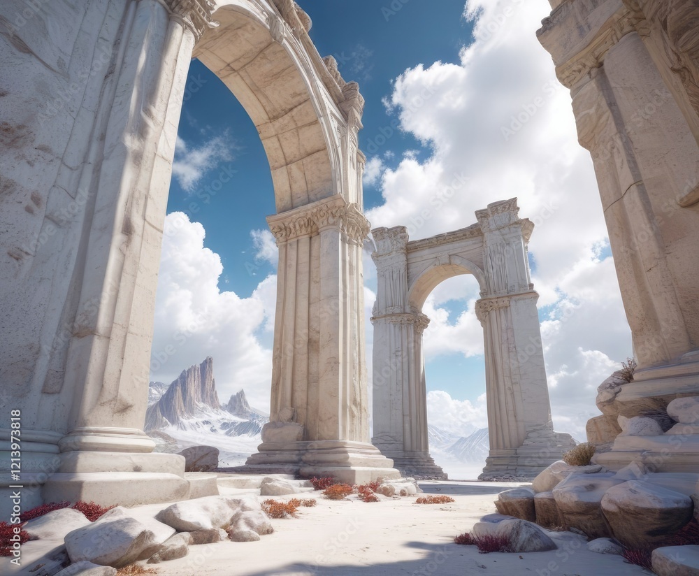Obraz premium Columnar archway rising above white cloudy formations , outdoor scenery, atmospheric perspective
