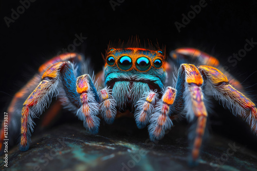 Close up of a jumping spider, revealing its vivid colors and detailed markings, highlighting the beauty of nature's artistry photo