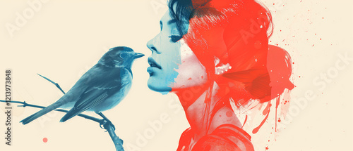 Illustration girl and bird, overprint effect, two colors red and blue overlap, breathing a grungy, retro style