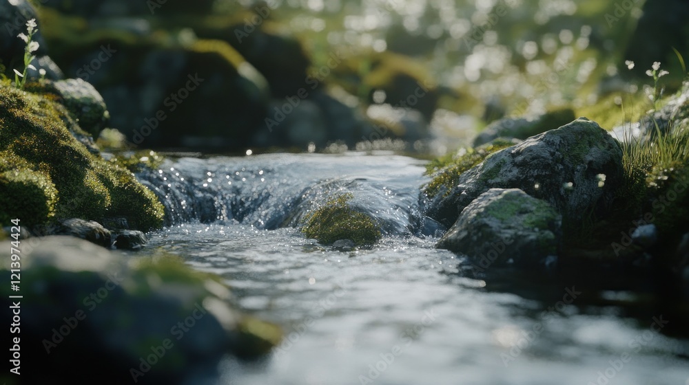 Serene Stream Flows Over Mossy Rocks In Sunlight Serene Stream Flows Over Mossy Rocks In Sunlight