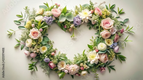 A delicate floral wreath made of soft pastel colors and lush greenery surrounds a beautiful heart-shaped decoration at the center, spring flowers, nature-inspired decor