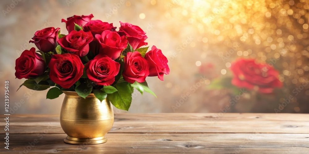A red rose bouquet on a wooden table with a elegant golden vase and a subtle background of soft pink flowers A red rose bouquet on a wooden table with a elegant golden vase and a subtle background of soft pink flowers