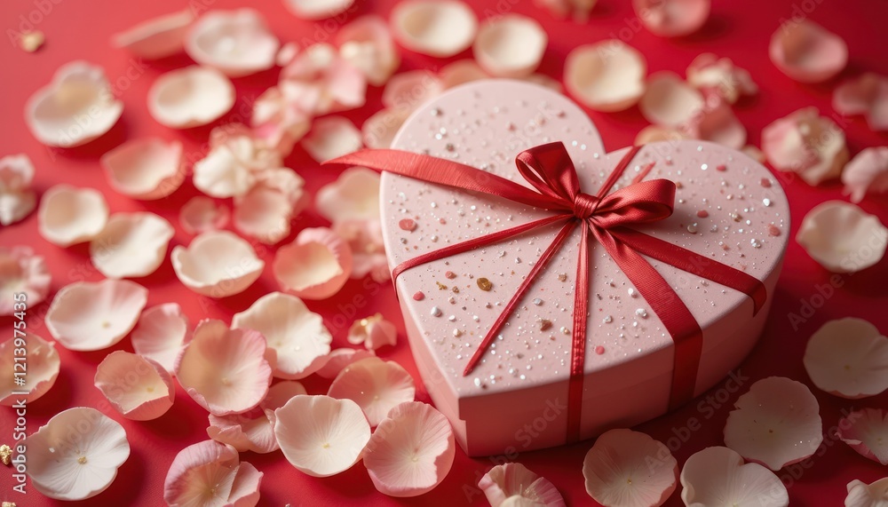 Pink heart gift box, red petals, Valentine's Day, romantic background, gift card Pink heart gift box, red petals, Valentine's Day, romantic background, gift card