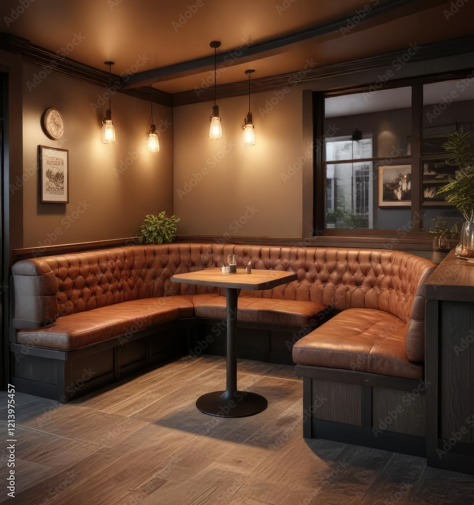 Fototapeta premium Cozy bar area with built-in banquette seating and side table, furniture, side table, seating