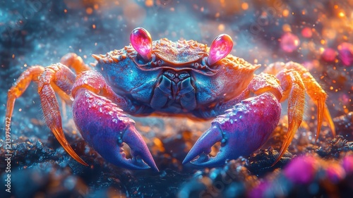 A surreal vision of a crab, blending dreamlike colors and imaginative elements for a fantastical and otherworldly scene. photo