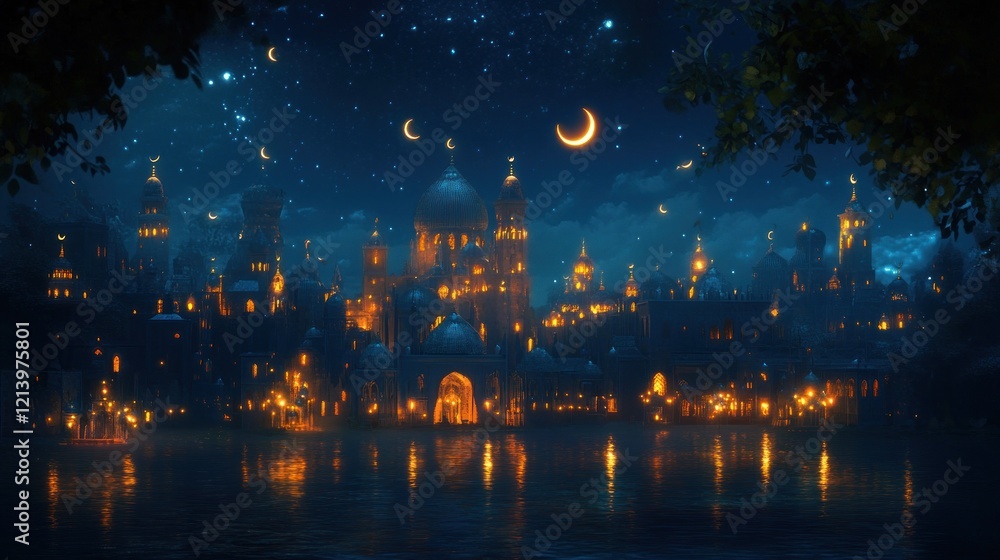 Nighttime Cityscape Illuminated City Buildings and Moons Nighttime Cityscape Illuminated City Buildings and Moons