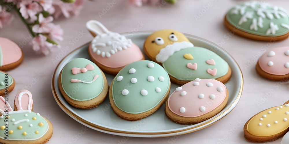 Easter Cookies Shaped Like Eggs and Bunnies Decorated with Icing Easter Cookies Shaped Like Eggs and Bunnies Decorated with Icing