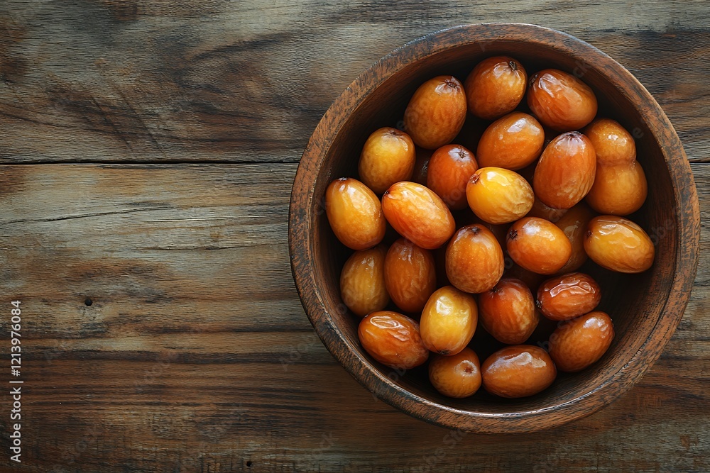 A Close-up of Date Palm Fruits Arranged in a Wooden Tray A Close-up of Date Palm Fruits Arranged in a Wooden Tray