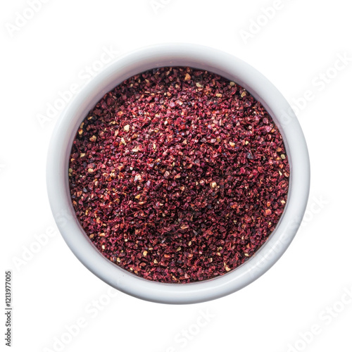 Dried Sumac Spice in Bowl on transparent background.