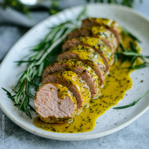 Close-up of sliced pork ten...