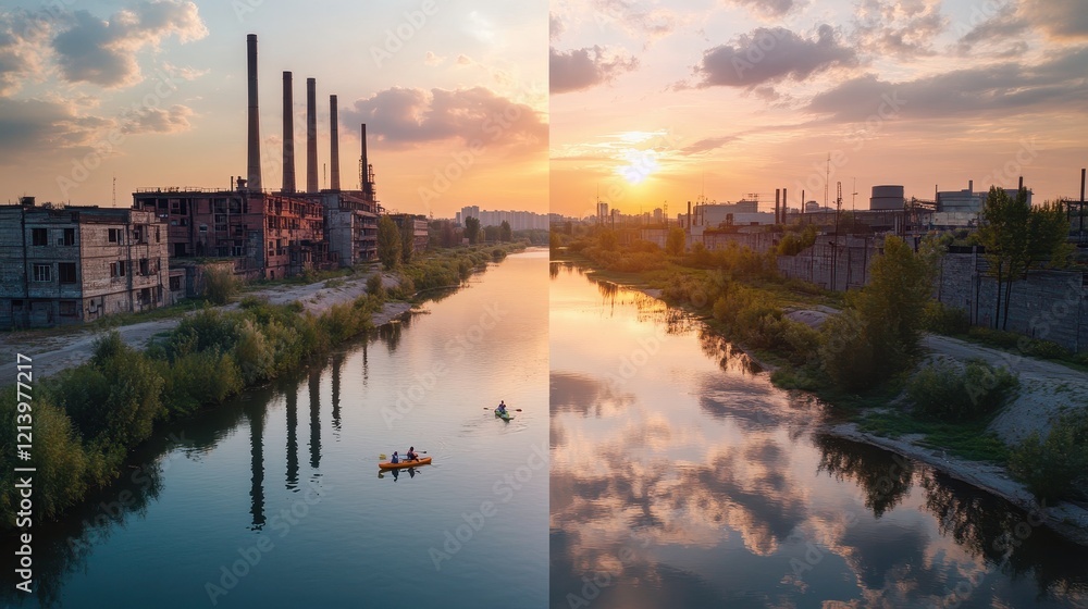Industrial Sunrise River Kayaking Urban Decay Contrasted with Recreation and Serene Sky. Industrial Sunrise River Kayaking Urban Decay Contrasted with Recreation and Serene Sky.