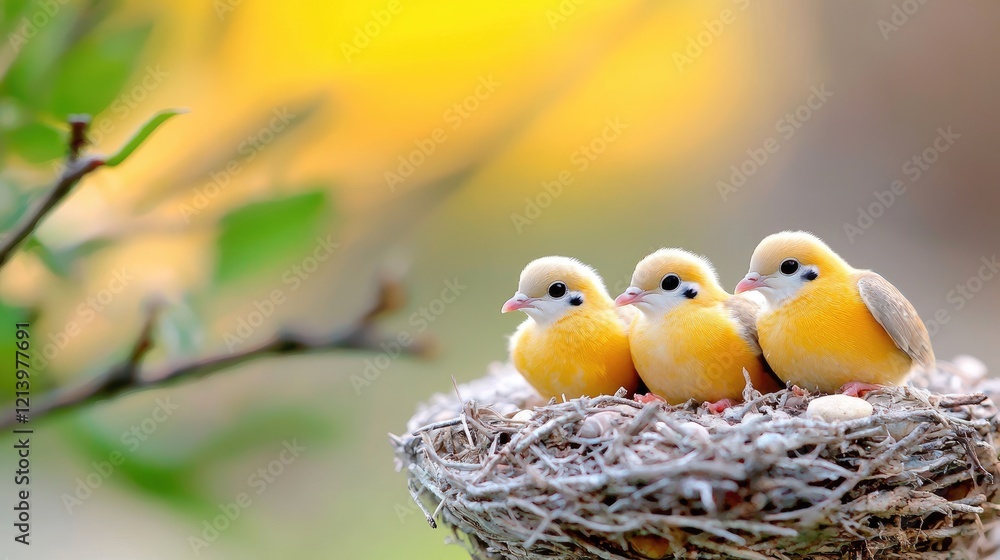 Three yellow birds in nest, spring garden, nature Three yellow birds in nest, spring garden, nature
