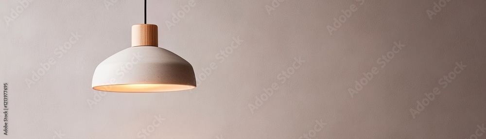 Fototapeta premium A sleek pendant light with a warm amber glow hangs from the ceiling against a muted gray wall. The minimalistic design enhances the cozy atmosphere while leaving space for text