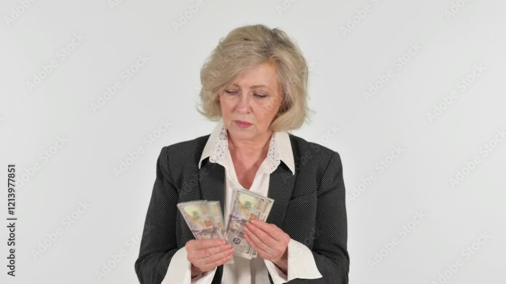 Portrait of Senior Business Woman Counting Money on White Background Portrait of Senior Business Woman Counting Money on White Background