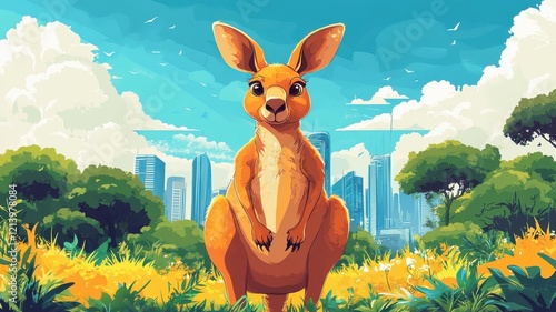 Cartoon art style, a kangaroo with exaggerated features and playful expressions, set in a bright and whimsical environment. photo