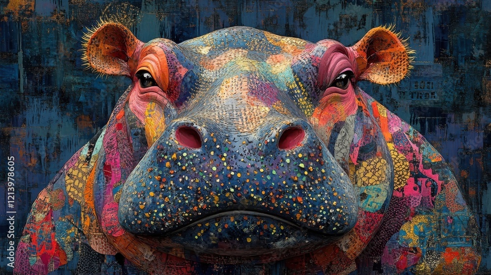 Fototapeta premium Playful, Textured pattern, a hippopotamus designed with engaging textures and lively patterns, creating a fun and visually appealing depiction.