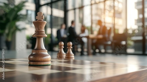 Chess pieces on board, business meeting background, strategy concept