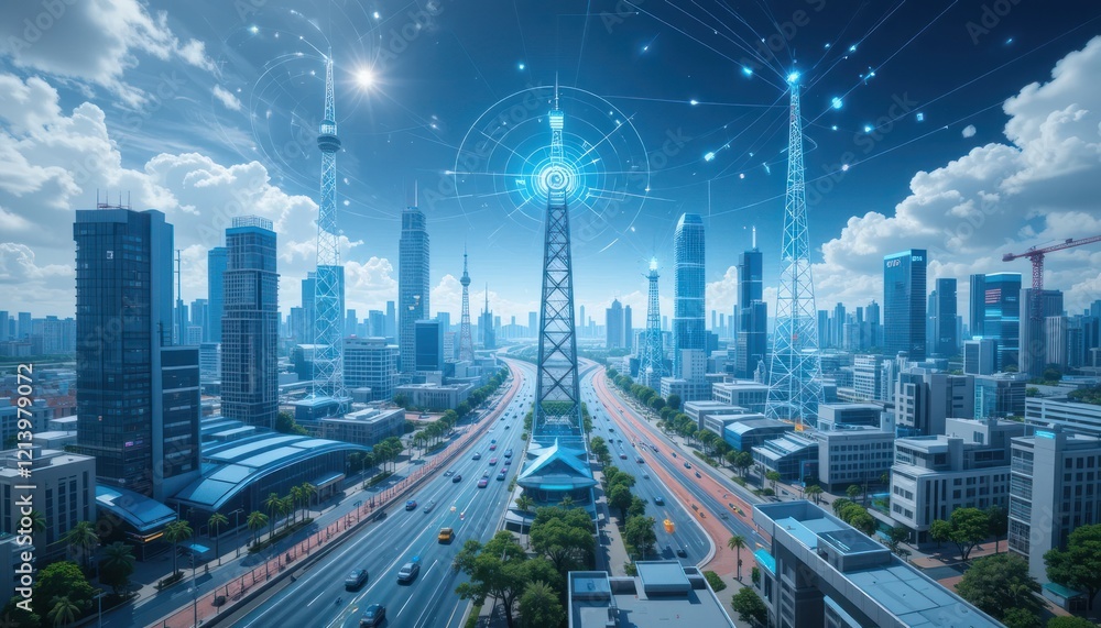 Fototapeta premium Smart city aerial network connection
