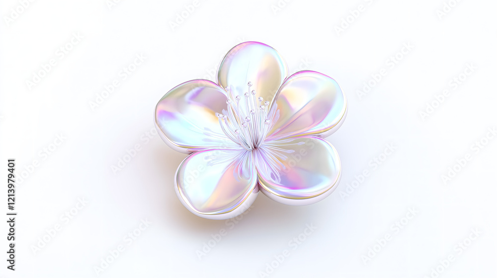 3D-rendered plum blossom flower with iridescent petals and detailed stamens, exhibiting soft pastel-like hues. Its smooth, shiny surface. 3D-rendered plum blossom flower with iridescent petals and detailed stamens, exhibiting soft pastel-like hues. Its smooth, shiny surface.
