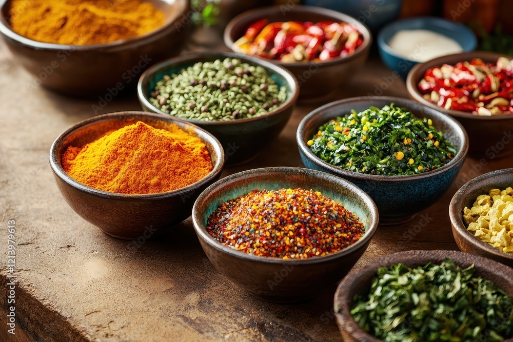 Vibrant Spices and Herbs in Bowls on Rustic Wooden Table, Close-up View. Vibrant Spices and Herbs in Bowls on Rustic Wooden Table, Close-up View.