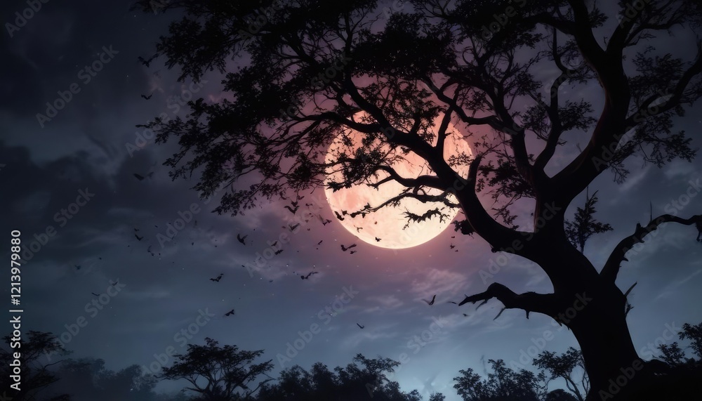 Dark moonlit night with bats flying in a large tree, nocturnal, shadows Dark moonlit night with bats flying in a large tree, nocturnal, shadows