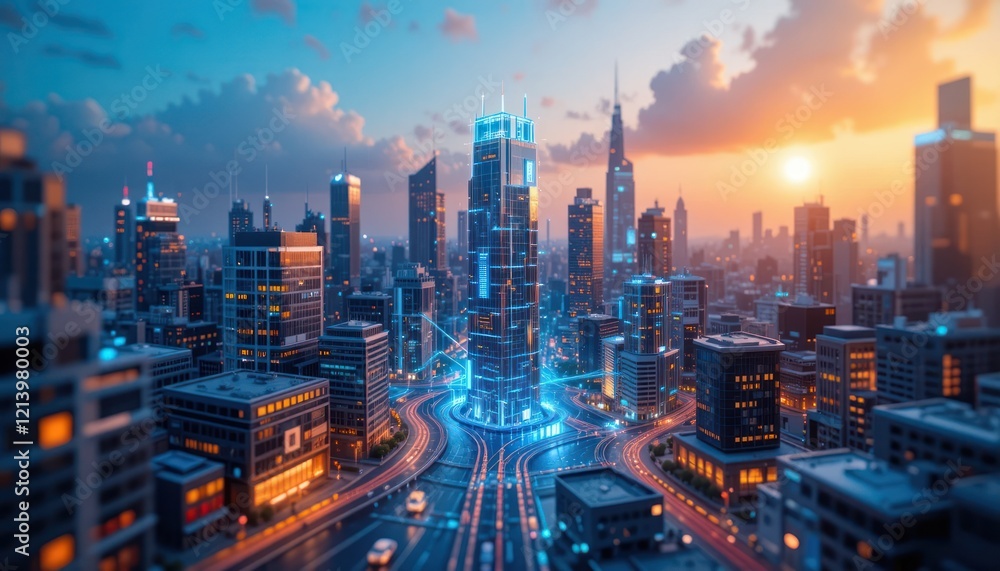 Obraz premium Futuristic city intersection at sunset with glowing network