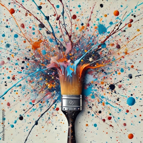 The brush is flicked or shaken to create random splatters of col