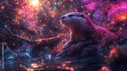 Surreal vision, an otter in a dreamlike, fantastical environment with imaginative elements and vivid colors, creating an otherworldly and whimsical scene. photo