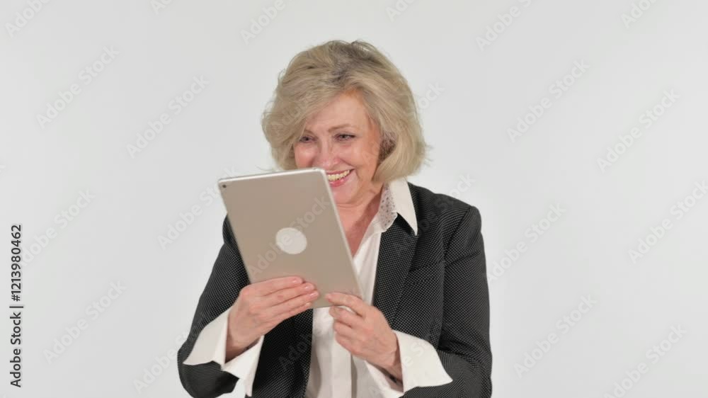 Senior Business Woman Celebrating Success on Tablet on White Background Senior Business Woman Celebrating Success on Tablet on White Background