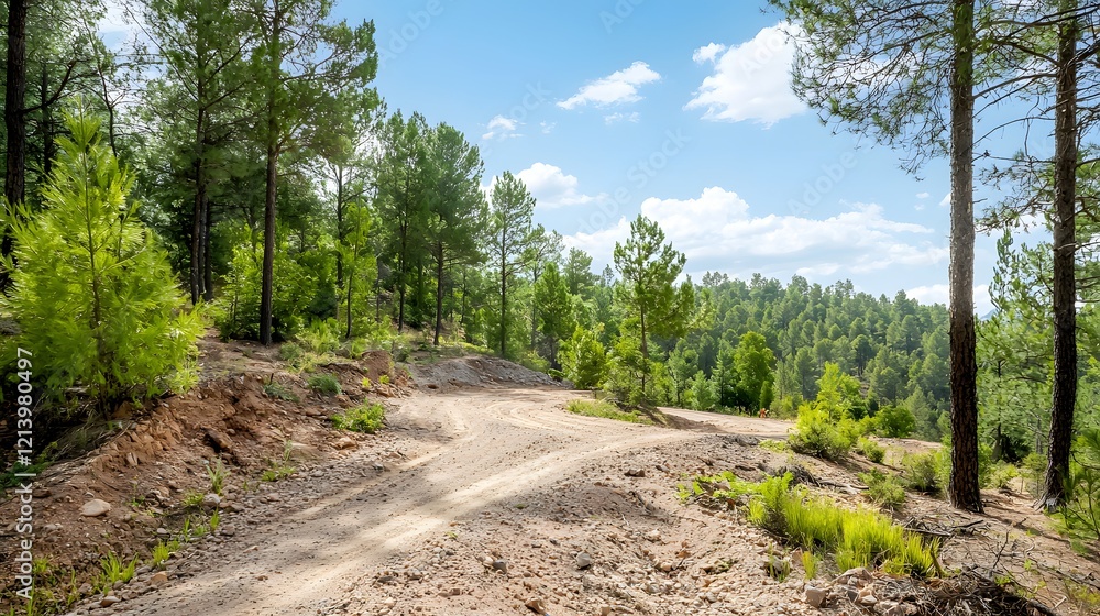 Winding unpaved dirt road cutting through a lush verdant pine forest landscape The peaceful natural scene features towering evergreen trees grass and a scenic Winding unpaved dirt road cutting through a lush verdant pine forest landscape The peaceful natural scene features towering evergreen trees grass and a scenic