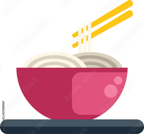 Illustration of a bowl of noodles being picked up by chopsticks, in a flat icon style