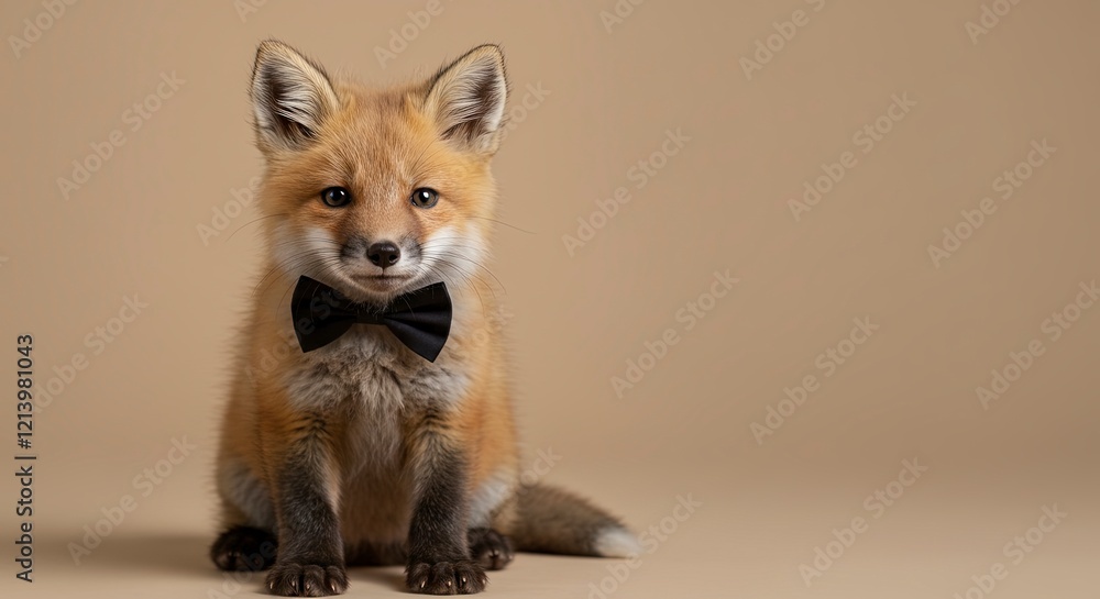 Obraz premium Cute fox cub wearing a black bow tie on a beige background