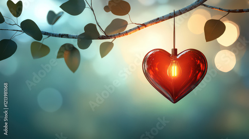 red heart shape Lightbulb hanging on tree with love bokeh background