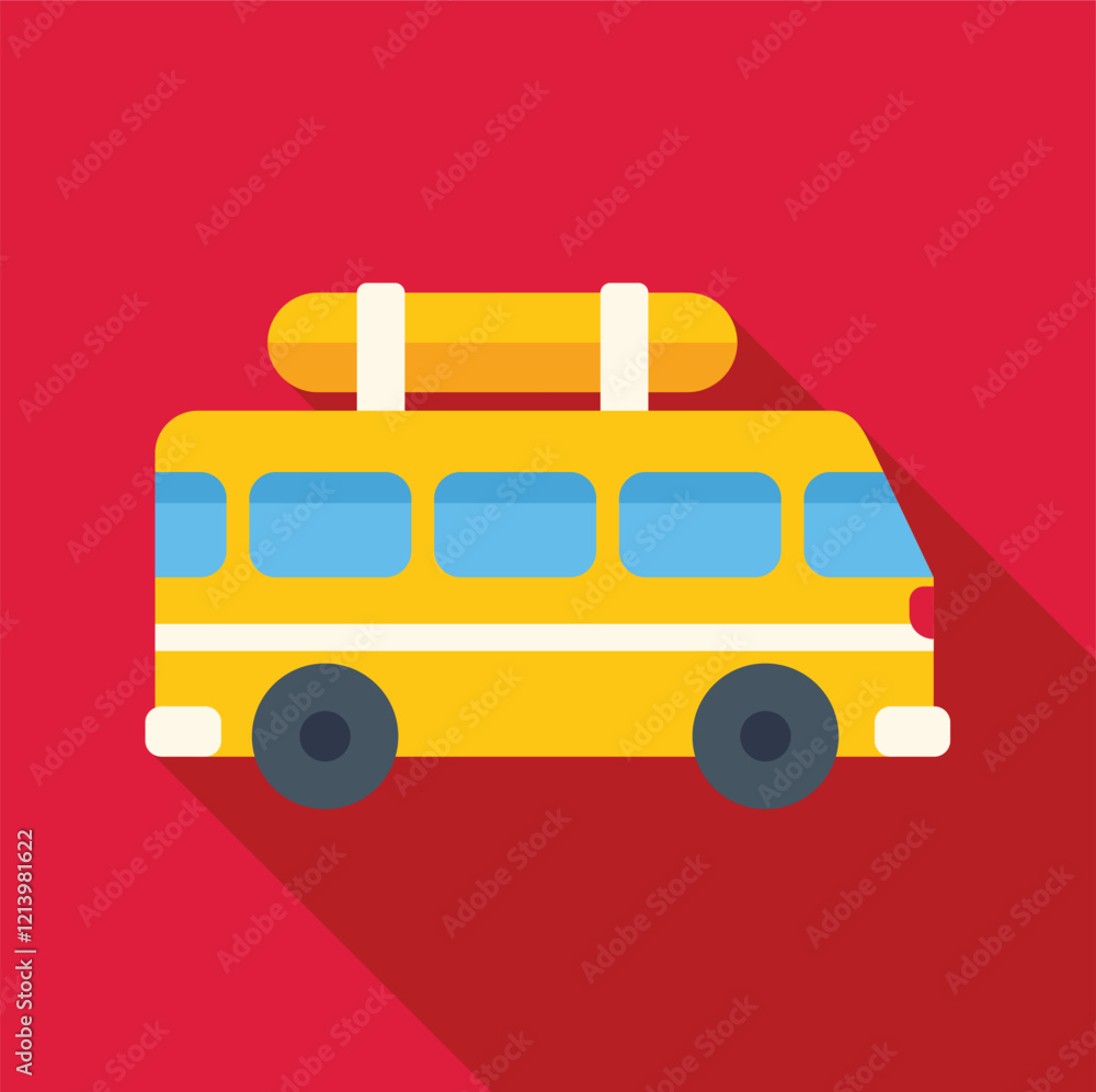 Yellow bus transporting an inflatable dinghy or life raft on its roof, symbolizing travel and adventure, in a minimalist flat design Yellow bus transporting an inflatable dinghy or life raft on its roof, symbolizing travel and adventure, in a minimalist flat design