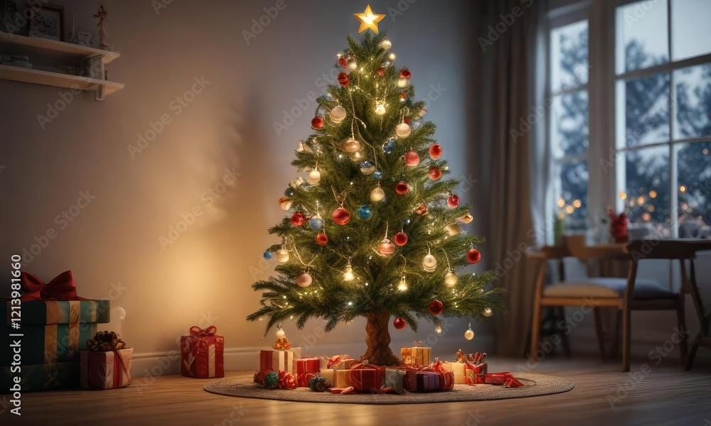 Decorated Christmas tree with lights and ornaments, Christmas tree, ornaments Decorated Christmas tree with lights and ornaments, Christmas tree, ornaments
