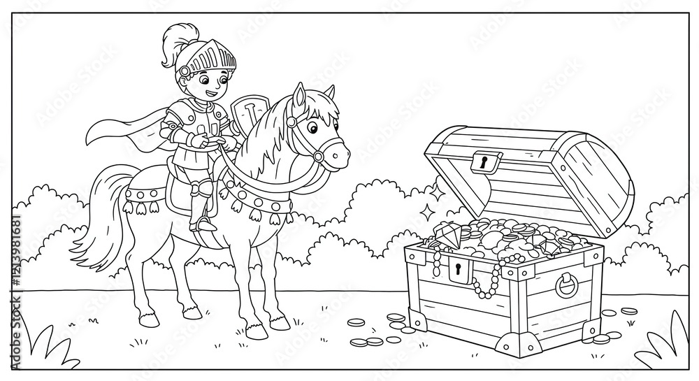 Fototapeta premium Knight on Horseback Discovering Treasure Chest - Black and White Line Art for Coloring Books.