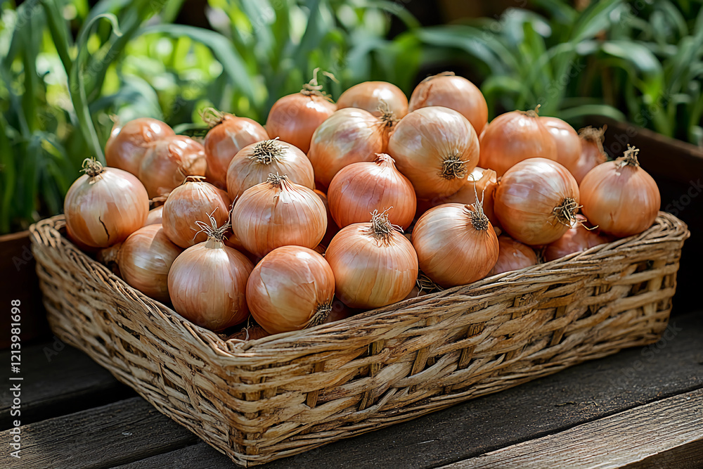 Sun-Kissed Onion Harvest: A Basket Overflowing with Freshly Picked Onions Against a Vibrant Garden Background Sun-Kissed Onion Harvest: A Basket Overflowing with Freshly Picked Onions Against a Vibrant Garden Background