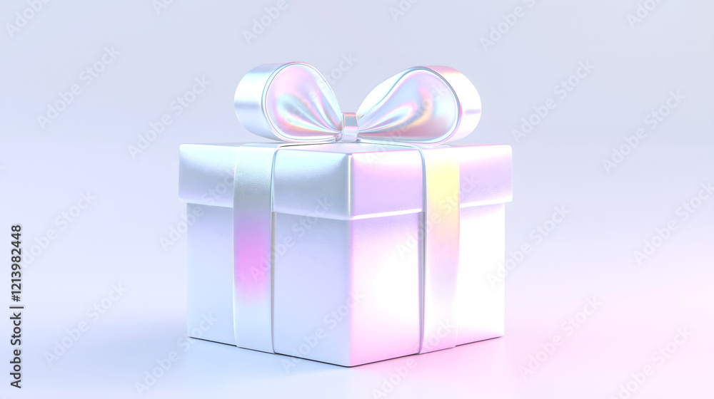 3D-rendered gift box with an iridescent surface and a glossy bow on top. Pastel-hued, shiny design perfect for gifting, celebration, or digital design projects. 3D-rendered gift box with an iridescent surface and a glossy bow on top. Pastel-hued, shiny design perfect for gifting, celebration, or digital design projects.