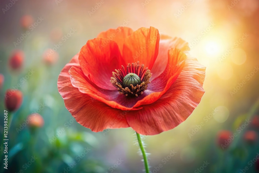 Delicate red poppy flower with intricate details and soft petals, landscape, sunny, color, natural, nature Delicate red poppy flower with intricate details and soft petals, landscape, sunny, color, natural, nature
