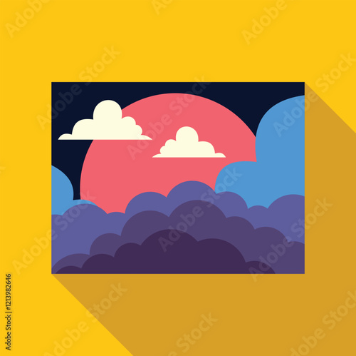 Minimalist vector illustration of a pink sun setting or rising behind stylized clouds in a colorful sky