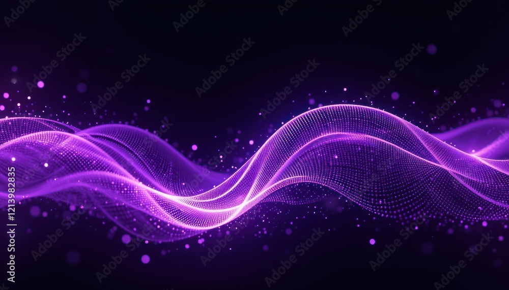 Fototapeta premium Abstract purple wave design with glowing particles on dark background