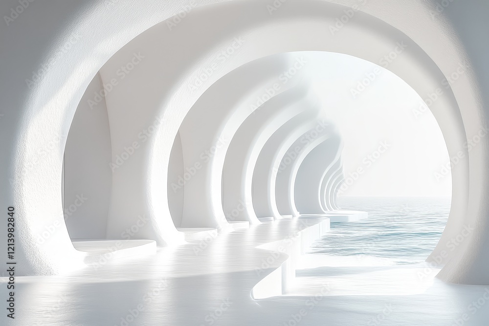 Obraz premium 3D render of an abstract white background with tunnels and arches, minimalist style, empty space for presentation design.